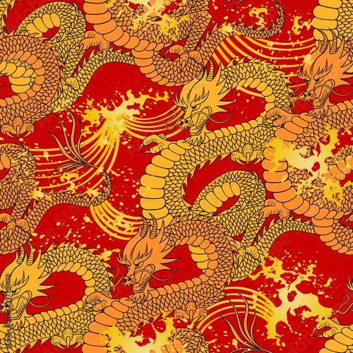 Chinese-inspired red and yellow seamless pattern with dragon and golden splashes of waves. Oriental vector background.