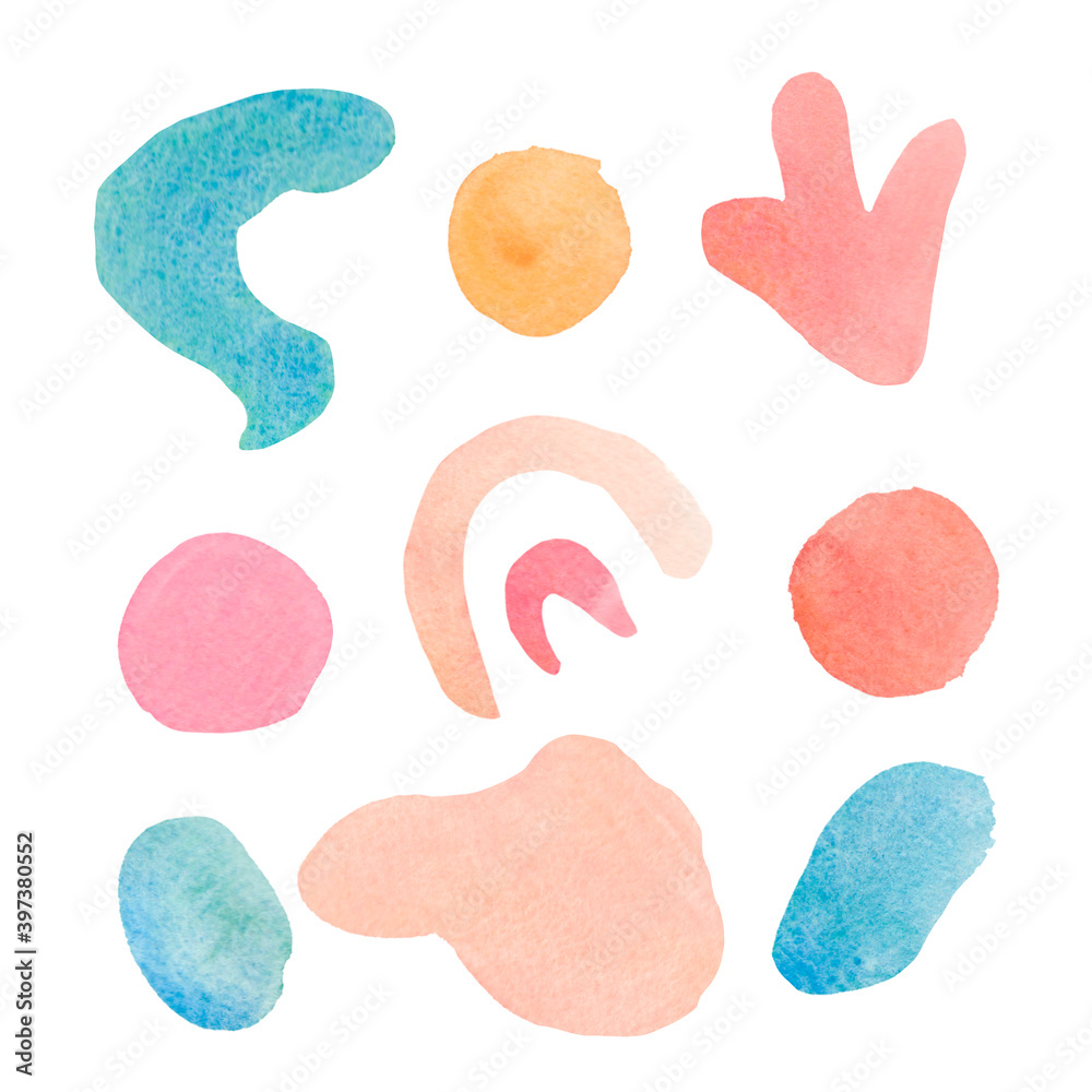 Set of watercolor pastel spots,textures on white isolated background.Collection of abstract delicate blots with differents forms hand drawn.Design for social networks,invitations,weddings,posters.