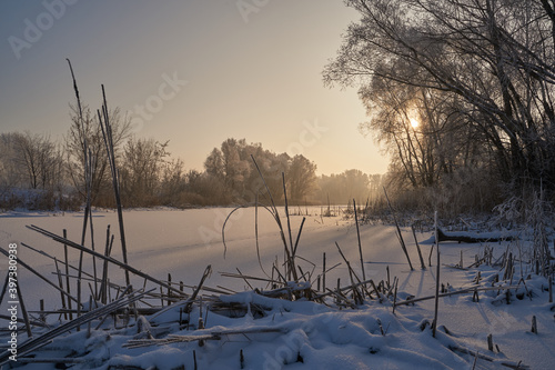 Breath of winter, first ice on the lake, dawn on a frosty morning with frost on the grass, close-up of frost, patterns on the first ice.