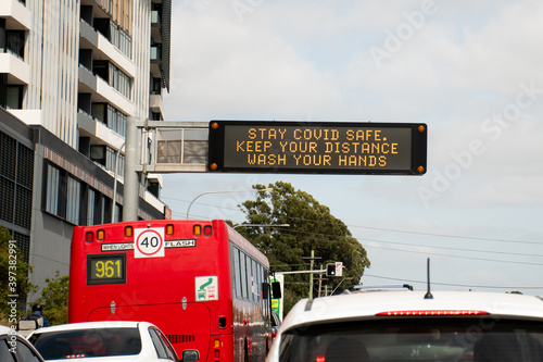 Photography Changeable electronic dynamic road sign reads -Stay COVID safe