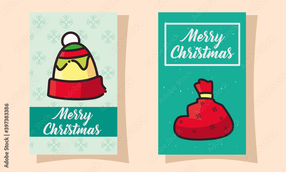 Naklejka premium merry christmas hat and bag flat style icon vector design