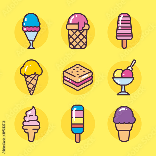 ice cream line and fill style symbol set vector design