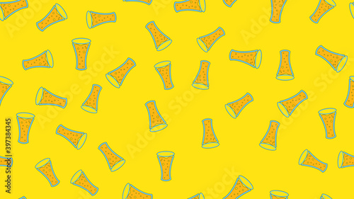 Texture seamless pattern from a set of rare good tasty refreshing alcoholic drinks of hops light and dark malt foam beer in glasses, mugs on a yellow background. illustration