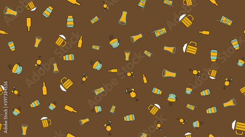 Texture seamless pattern from a set of raivy good tasty refreshing alcoholic drinks cocktails whiskey beer coffee tea with ice on a brown background. illustration