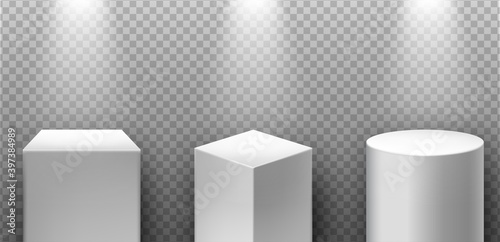 Museum exposition, blank product stands. 3d realistic vector square podium with spot light and transparent background.