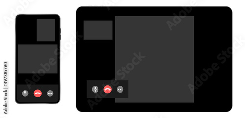 Video conference user interface on realistic phone and tablet, video conference calls window overlay.