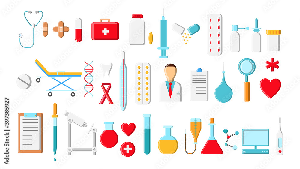 A large beautiful bright colored set of medical items and tools of a pharmacy or doctor's office, thermometer tablets syringes medication flasks on a white background. illustration A large beautiful bright colored set of medical items and tools of a pharmacy or doctor's office, thermometer tablets syringes medication flasks on a white background. illustration