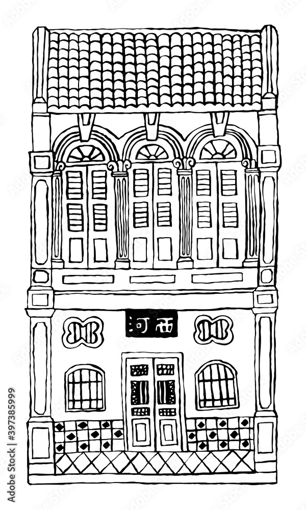 Obraz premium Hand drawn line's double story colonial style shop house. Black outline only. Signboard's caption: the places where the owner's origin.