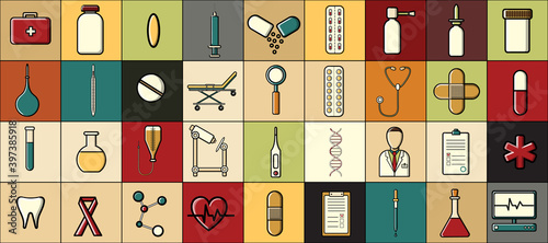 A big beautiful set of medical items and tools pharmacy or doctor s office  tablets thermometers syringes flasks on the background of multi-colored squares. illustration