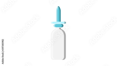 Beautiful medical blue nasal spray dispenser with drops of medicine for the treatment of rhinitis pharmaceutical on a white background. illustration