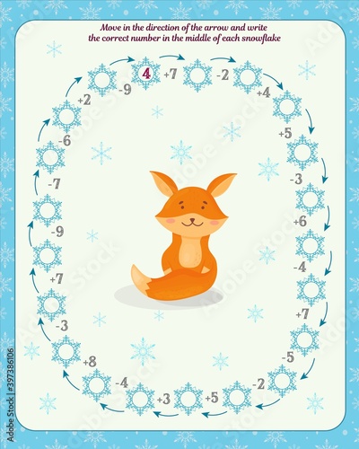  Math game for children Worksheet: Moving in the direction of the arrow, write the correct number in the middle of each snowflake. 