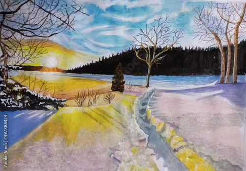 Watercolor winter landscape view hand drawn illustration Premium Vector