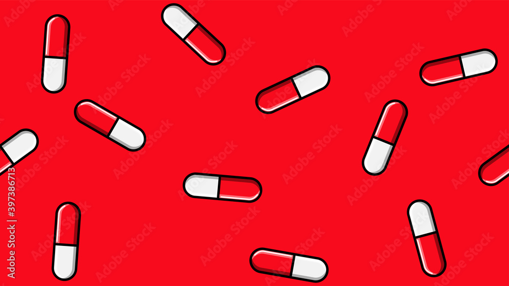 Seamless pattern texture of red oval white and red medical pharmaceutical pills capsules with medication, drugs, vitamins on a red background. illustration Seamless pattern texture of red oval white and red medical pharmaceutical pills capsules with medication, drugs, vitamins on a red background. illustration