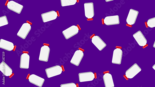 Seamless pattern texture of white plastic medical pharmacetic jars with lids of medication, drugs on a purple background. illustration