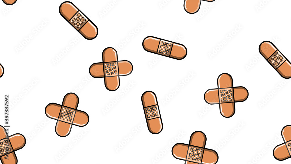 Seamless pattern texture of endless repetitive corporal medical pharmacological patches for sticking wounds and cuts against white yellow background. illustration Seamless pattern texture of endless repetitive corporal medical pharmacological patches for sticking wounds and cuts against white yellow background. illustration