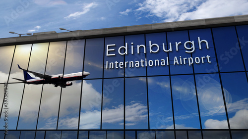 Airplane landing at Edinburgh Scotland airport mirrored in terminal