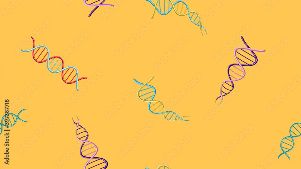 Fototapeta premium Seamless pattern texture of endless repetitive medical scientific abstract structures of dna gene molecules models on a yellow background. illustration