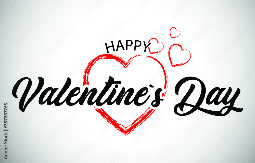 Happy Valentines Day Word Text with Red Brush Stroke Hearts and Handwritten Font Vector Illustration.