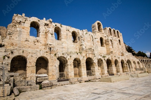Entrance to the Theatre of Dionysus located below the Acropolis in Athens, Greece, with clear blue sky