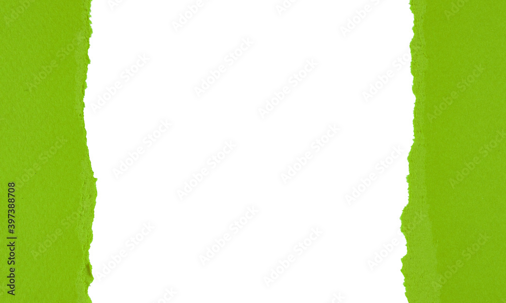 Fototapeta premium Green torn paper with rolled edge with blank space. Torn paper with white copy space. Empty space for your message. Two pieces of torn paper with opening showing white clipping path.