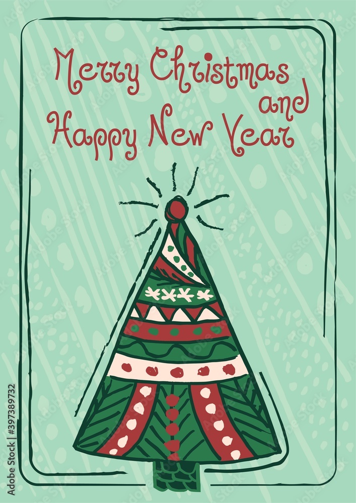 Φωτογραφία Vintage Merry Christmas and Happy New Year card with simple grunge decorative Christmas tree clipart on light green background