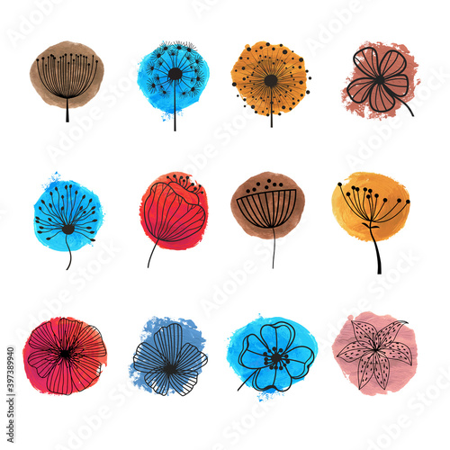 Set of flowers lines on abstract background