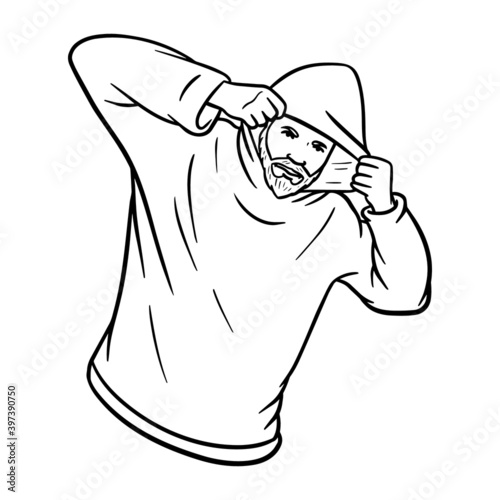 burglar with hoodie. outline, comic, monochrome.
