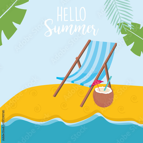 Hello summer sun chair and coconut cocktail at beach vector design