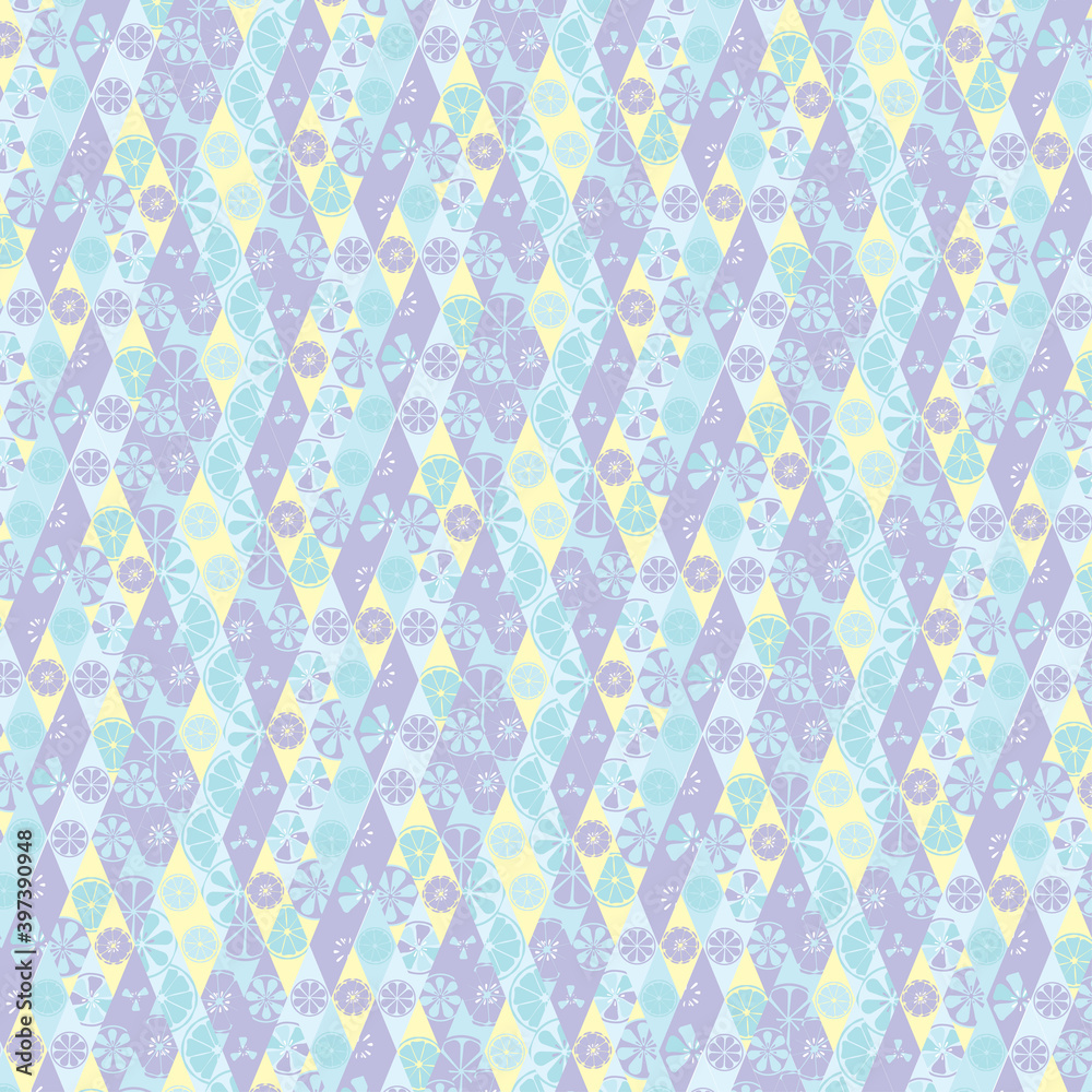 Texture bright blue summer stylish glamorous fashionable with a pattern of lemons limes oranges citrus fresh fruit vitamin tropical tasty sweet on the background of rhombuses. illustration Texture bright blue summer stylish glamorous fashionable with a pattern of lemons limes oranges citrus fresh fruit vitamin tropical tasty sweet on the background of rhombuses. illustration