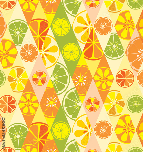 Texture bright orange summer stylish glamorous fashionable with a pattern of lemons limes oranges citrus fresh fruit vitamin tropical tasty sweet on the background of rhombuses. illustration