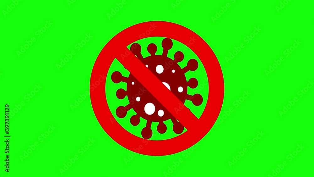 A virus cell (coronavirus or covid-19) on a green background jumps out from below. A prohibition sign is superimposed on it (2D animation, 4k, 60 fps, green screen) A virus cell (coronavirus or covid-19) on a green background jumps out from below. A prohibition sign is superimposed on it (2D animation, 4k, 60 fps, green screen)