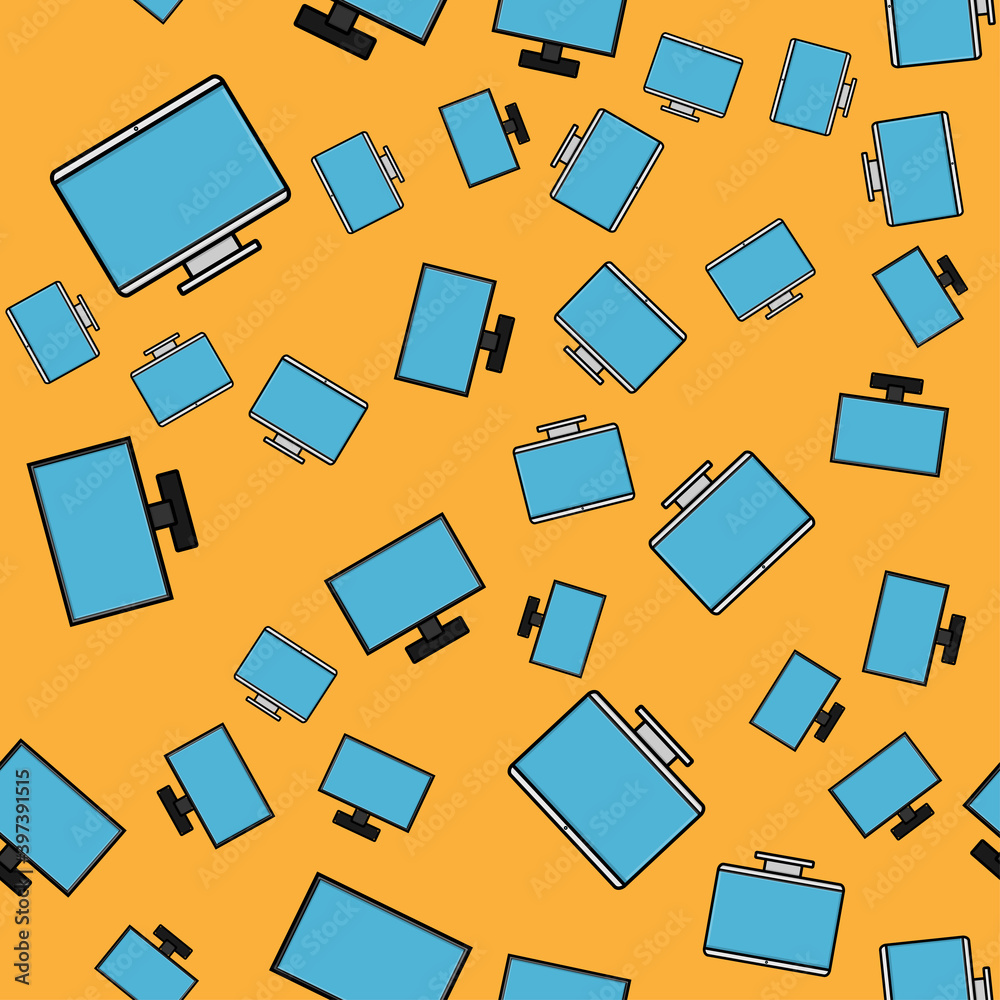 Seamless pattern, texture of modern digital rectangular lcd liquid crystal ice LED ips widescreen frameless monitors, screens, technology isolated on a yellow background. illustration Seamless pattern, texture of modern digital rectangular lcd liquid crystal ice LED ips widescreen frameless monitors, screens, technology isolated on a yellow background. illustration