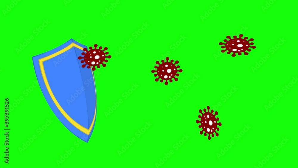 Viruses (covid-19) fly into a blue shield and bounce, falling down (2D animation, 4k, 60 fps, green screen)