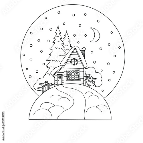 Snow ball with cute wooden house. Line art card, hand drawn. Good for card, poster, print, children coloring book