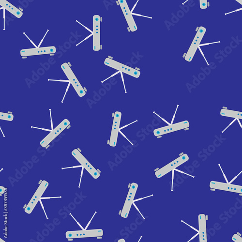 Seamless pattern, texture of modern powerful digital wireless white wi-fi routers, modems for the Internet, technology isolated on a blue background