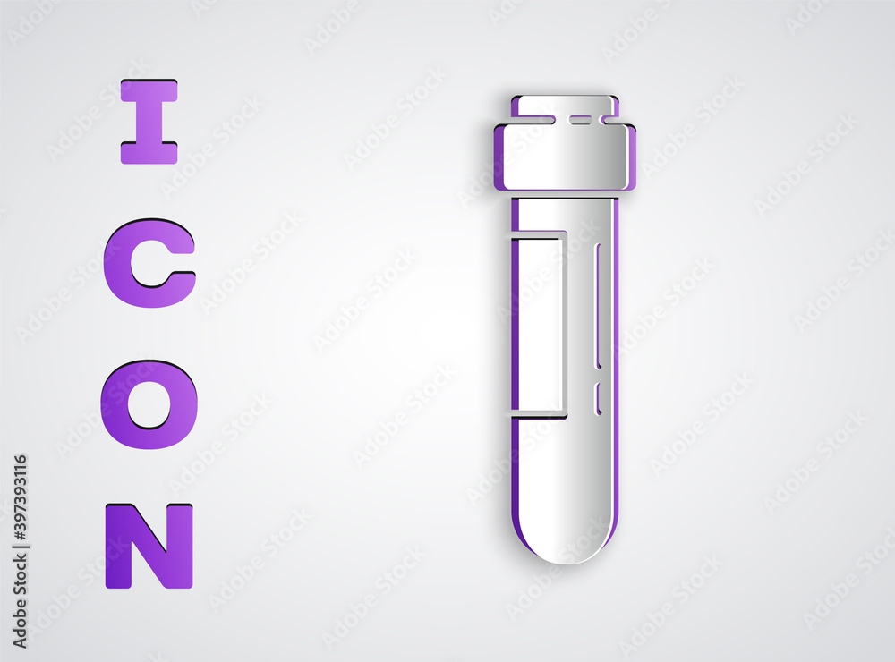 Paper cut Test tube or flask with blood icon isolated on grey background. Laboratory, chemical, scientific glassware sign. Paper art style. Vector Illustration. Paper cut Test tube or flask with blood icon isolated on grey background. Laboratory, chemical, scientific glassware sign. Paper art style. Vector Illustration.