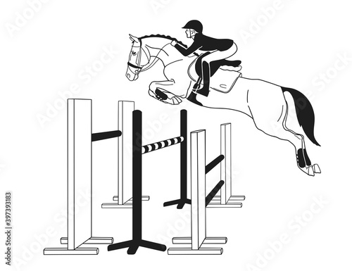 Black and white vector illustration of a young rider and a horse jump over a triple obstacle