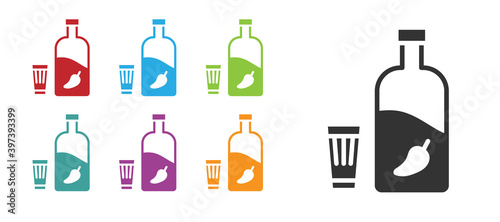 Black Vodka with pepper and glass icon isolated on white background. Ukrainian national alcohol. Set icons colorful. Vector Illustration.