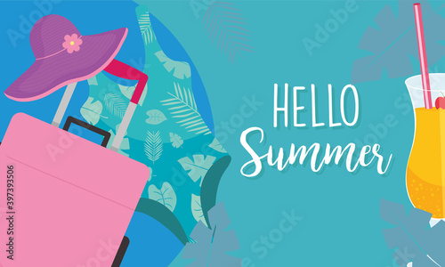 hello summer bag hat and swimwear vector design