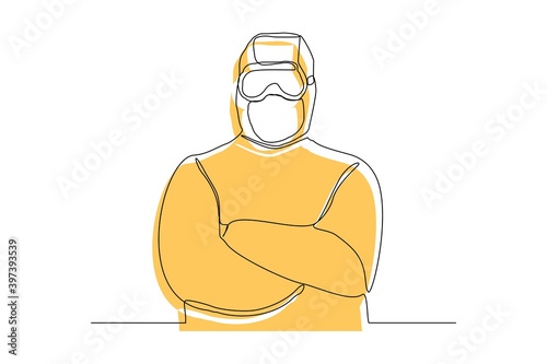 Continuous line drawing of man doctor in protective suit hazmat to protect body from virus and disease. Vector illustration