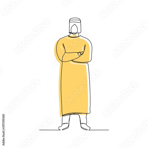 Continuous line drawing of man doctor in protective suit hazmat to protect body from virus and disease. Vector illustration