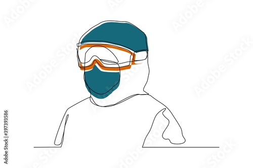 Continuous line drawing of man doctor in protective suit hazmat to protect body from virus and disease. Vector illustration