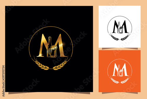Gold Glass Nad Bottle Beer Monogram Initial Letter M