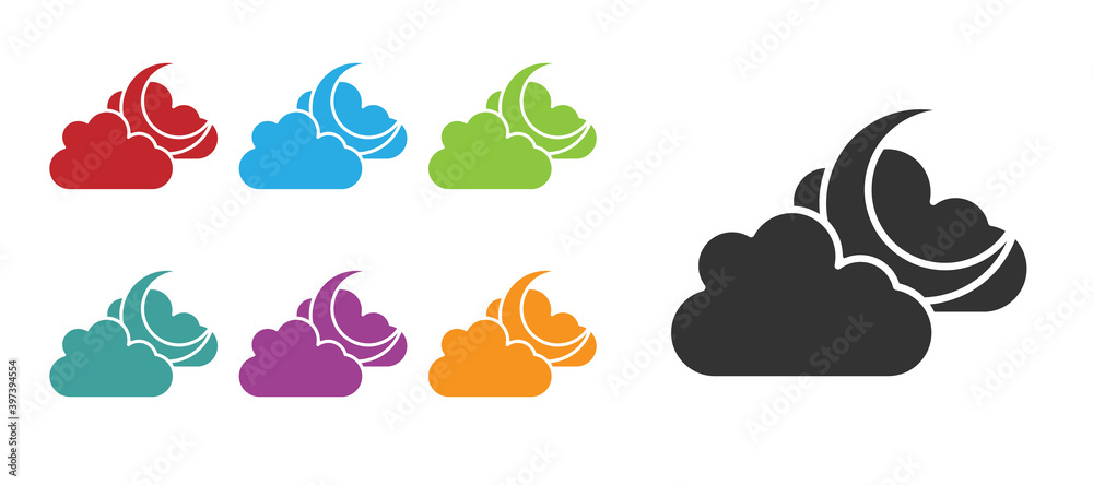 Black Cloud with moon icon isolated on white background. Cloudy night sign. Sleep dreams symbol. Night or bed time sign. Set icons colorful. Vector.