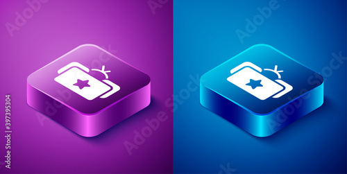 Isometric Ushanka icon isolated on blue and purple background. Russian fur winter hat ushanka with star. Soviet Union uniform of KGB and NKVD. Square button. Vector.