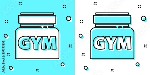 Black line Sports nutrition bodybuilding proteine power drink and food icon isolated on green and white background. Random dynamic shapes. Vector.