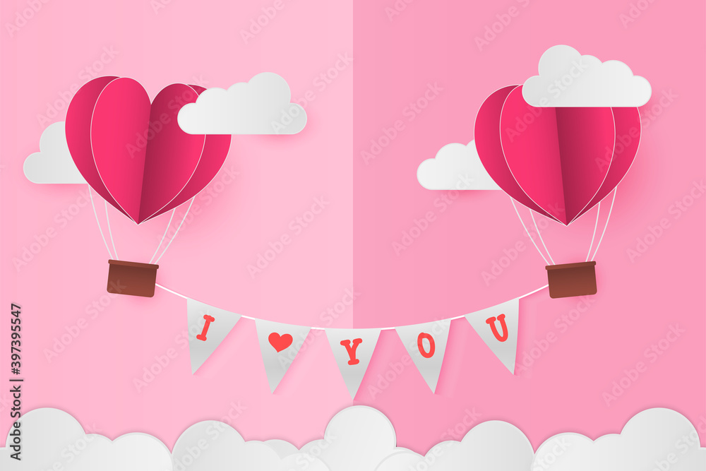 Paper Style love of valentine day , balloon flying on sky over cloud with text on flags, couple honeymoon , vector illustration background