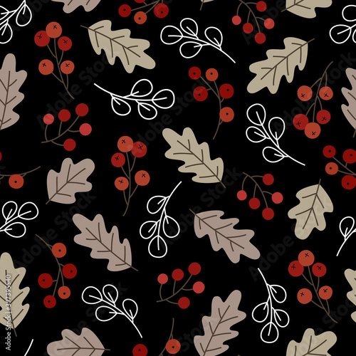 Christmas Berries & Dry Leaves Seamless Pattern