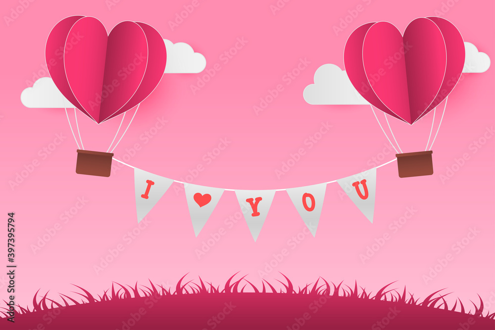 Paper Style love of valentine day , balloon flying over cloud with heart float on the sky, couple honeymoon , copy space , vector illustration background