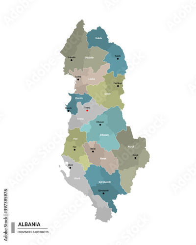Albania higt detailed map with subdivisions. Administrative map of Albania with districts and cities name, colored by states and administrative districts. Vector illustration.